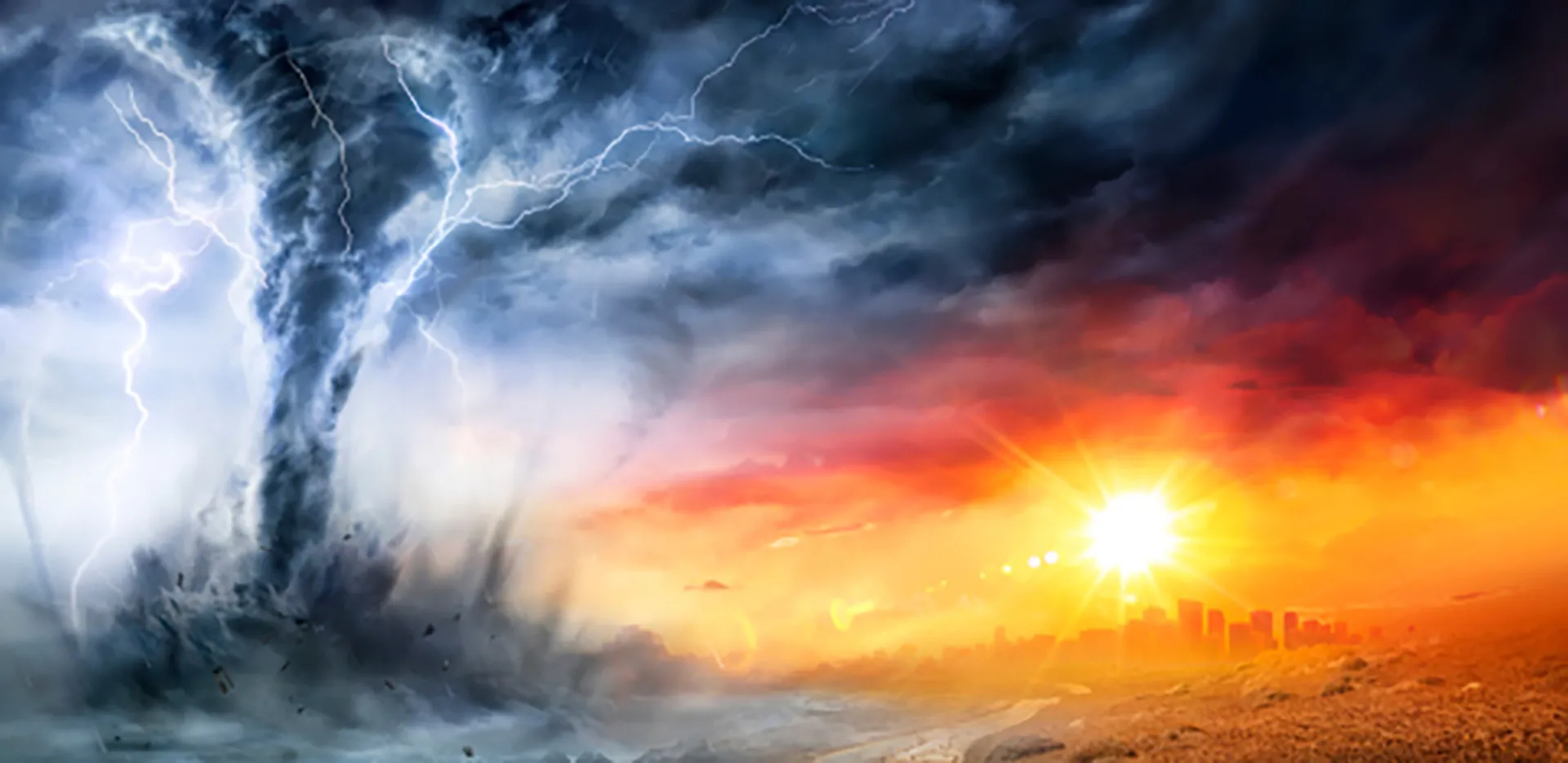 A rendering of a hurricane over the ocean next to a cityscape.