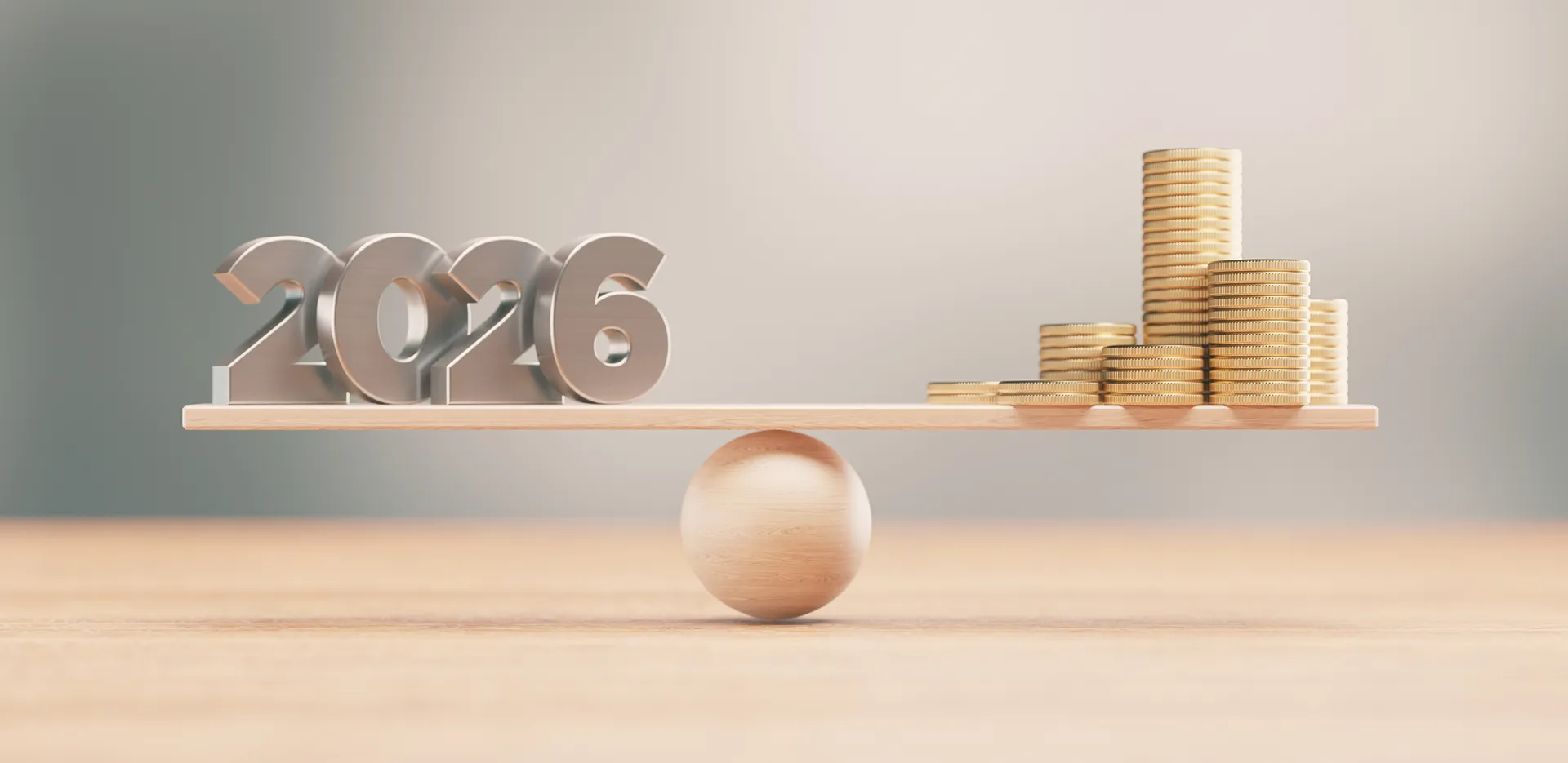 A graphic featuring the numbers '2026' balanced next to a stack of coins.