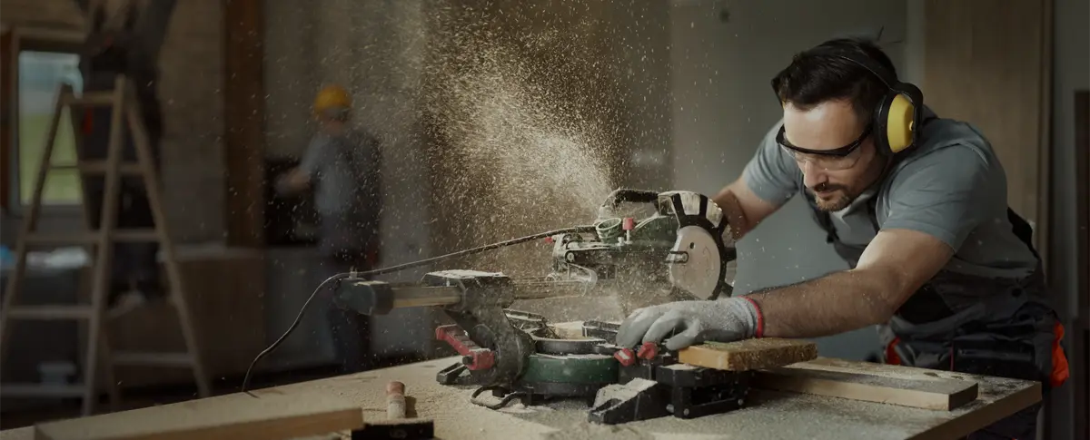 A contractor using a miter saw at job site.