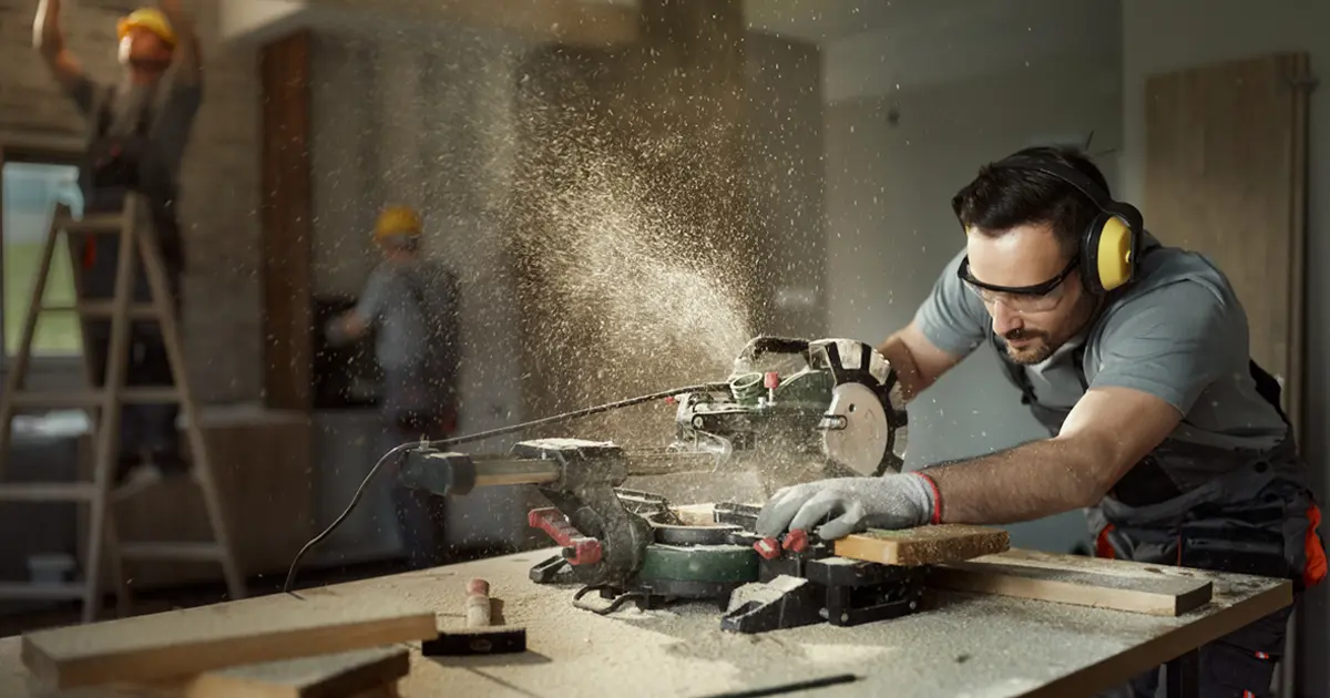 A contractor using a miter saw at job site.