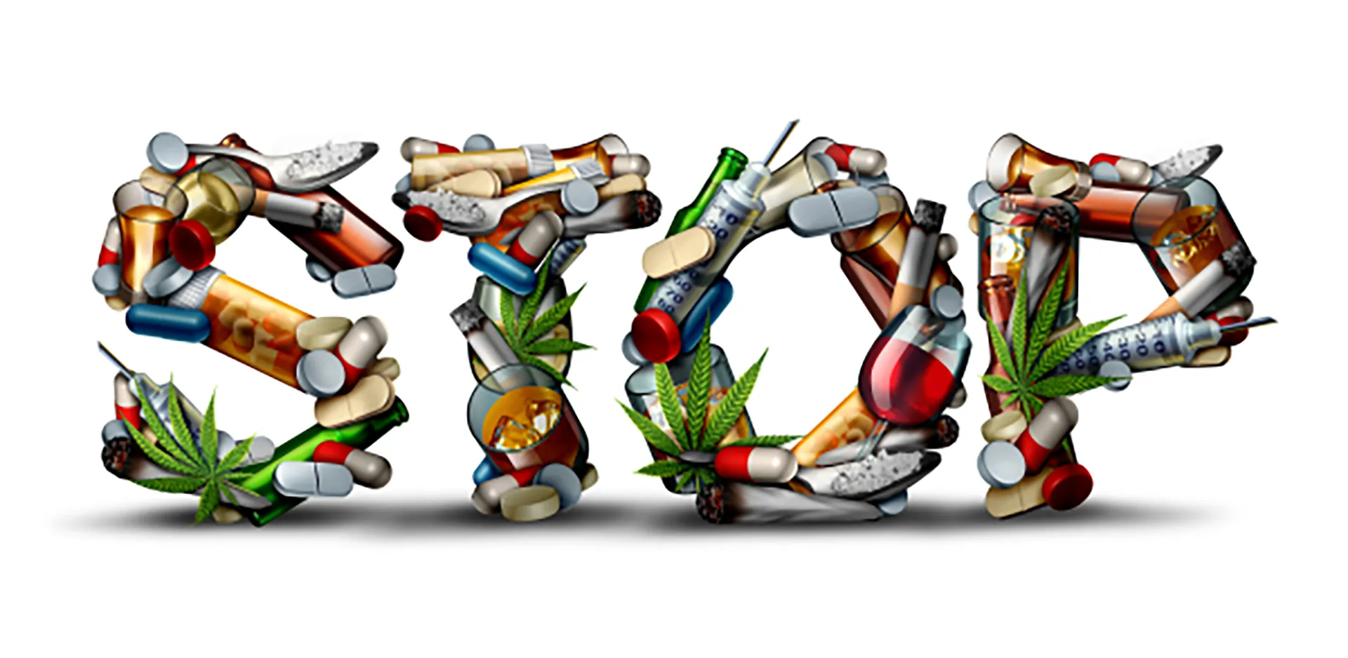 The word stop with the letters made out of substances like pills and drugs.