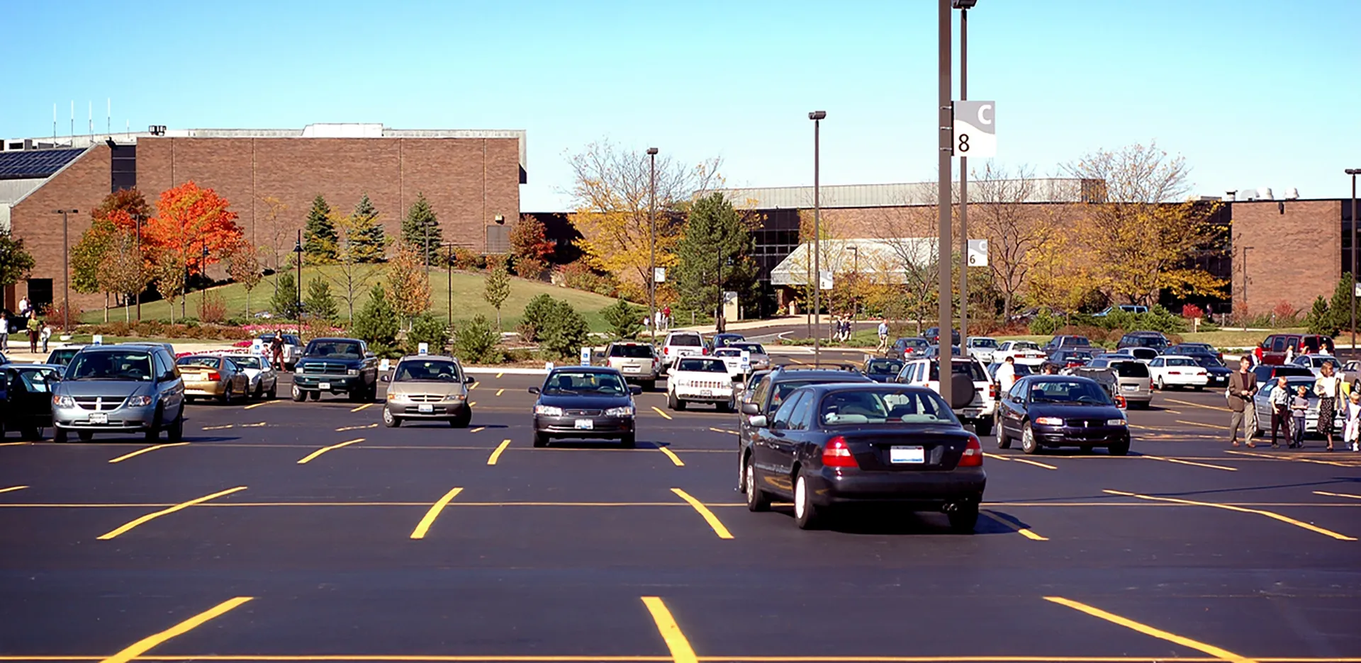 A parking lot full of cars.