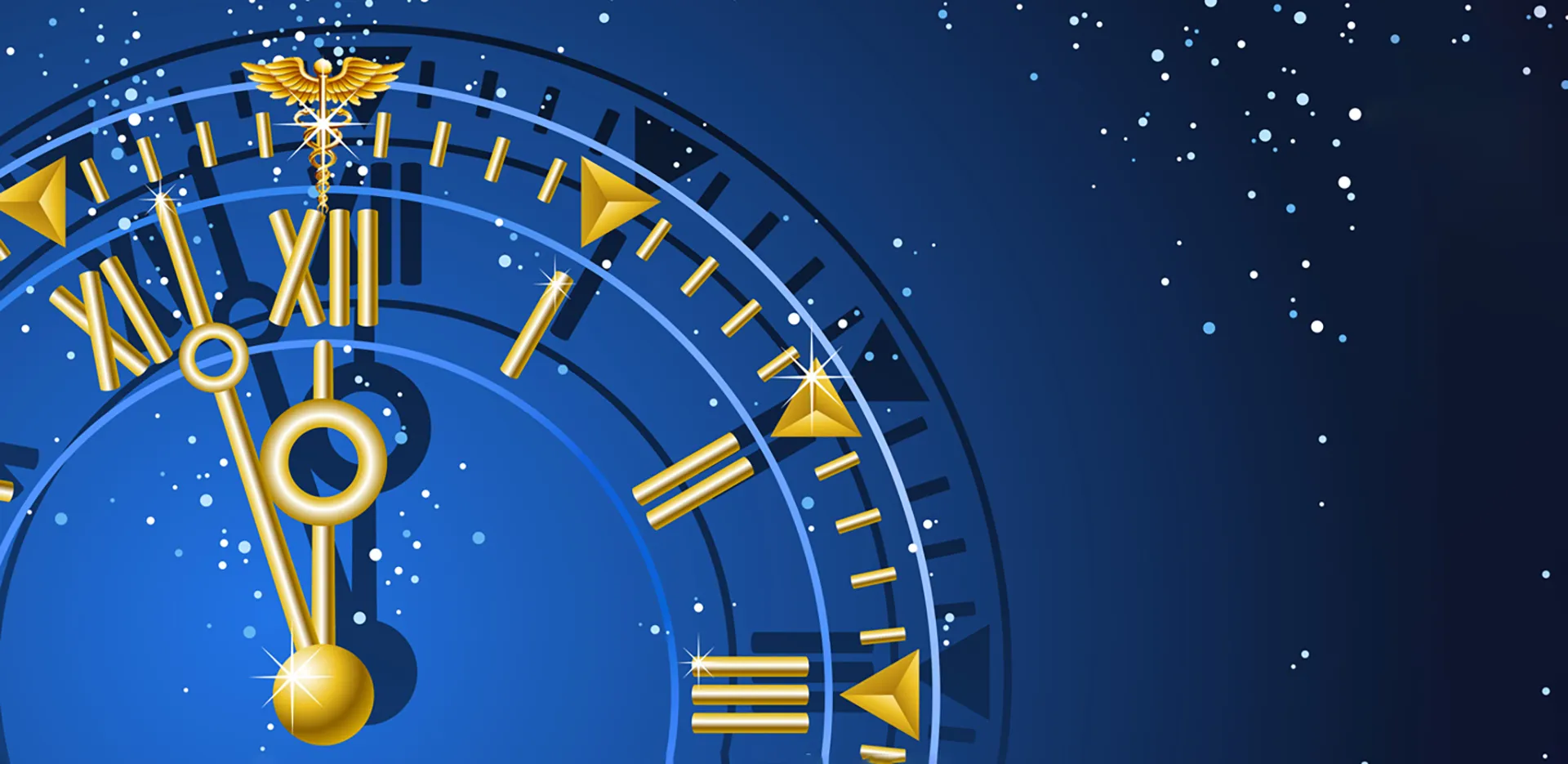 A graphic of a gold clock striking midnight against a blue background.