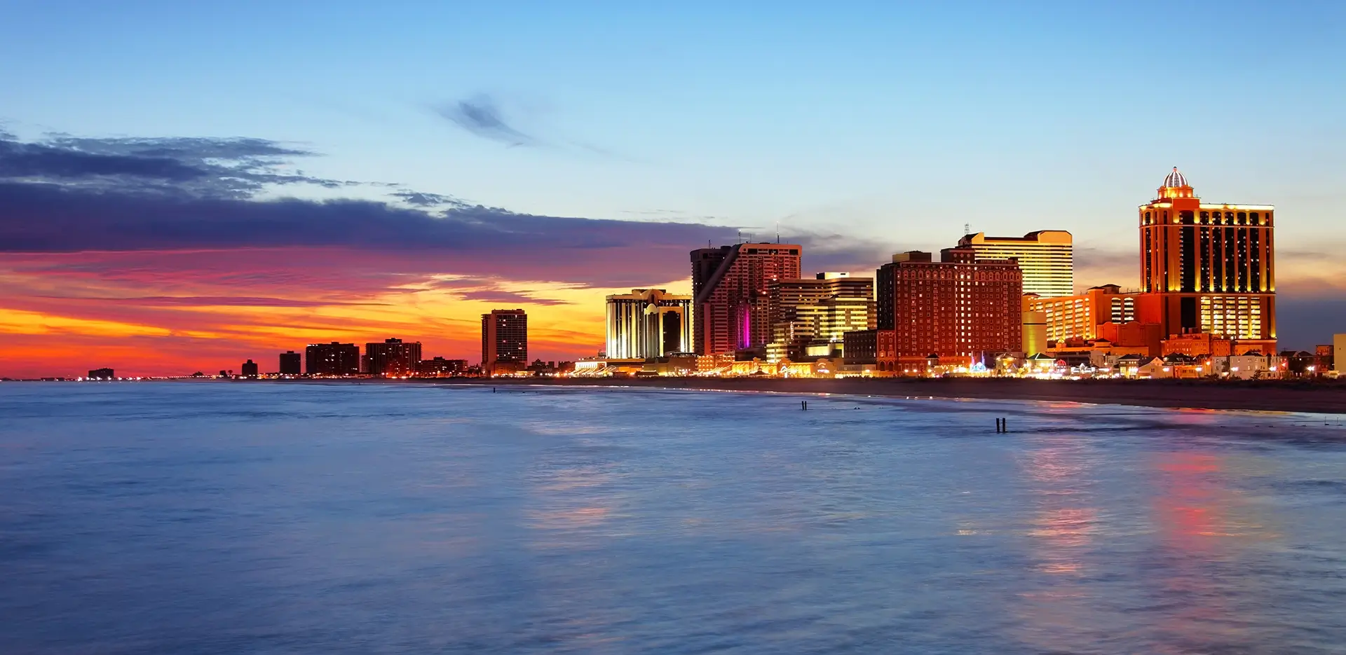The Atlantic City skyline at sunset.