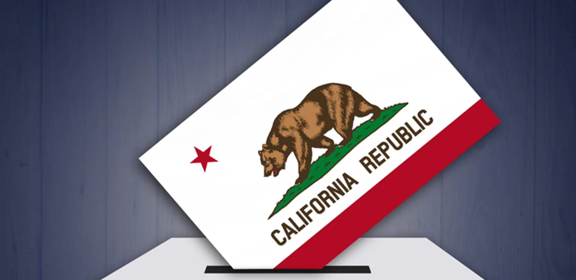 An illustration of a ballot being put into a box, but the ballot is the California state flag.
