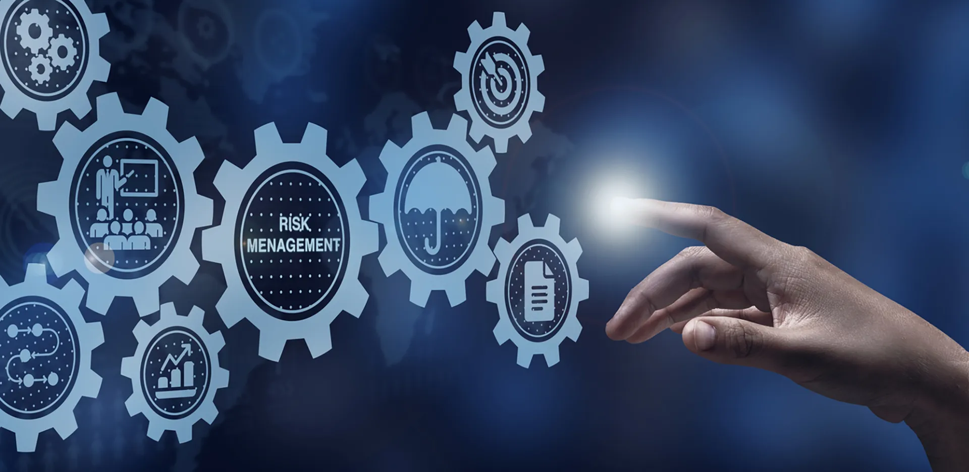 A hand pointing to a group of gears, one of which reads 'Risk Management'.