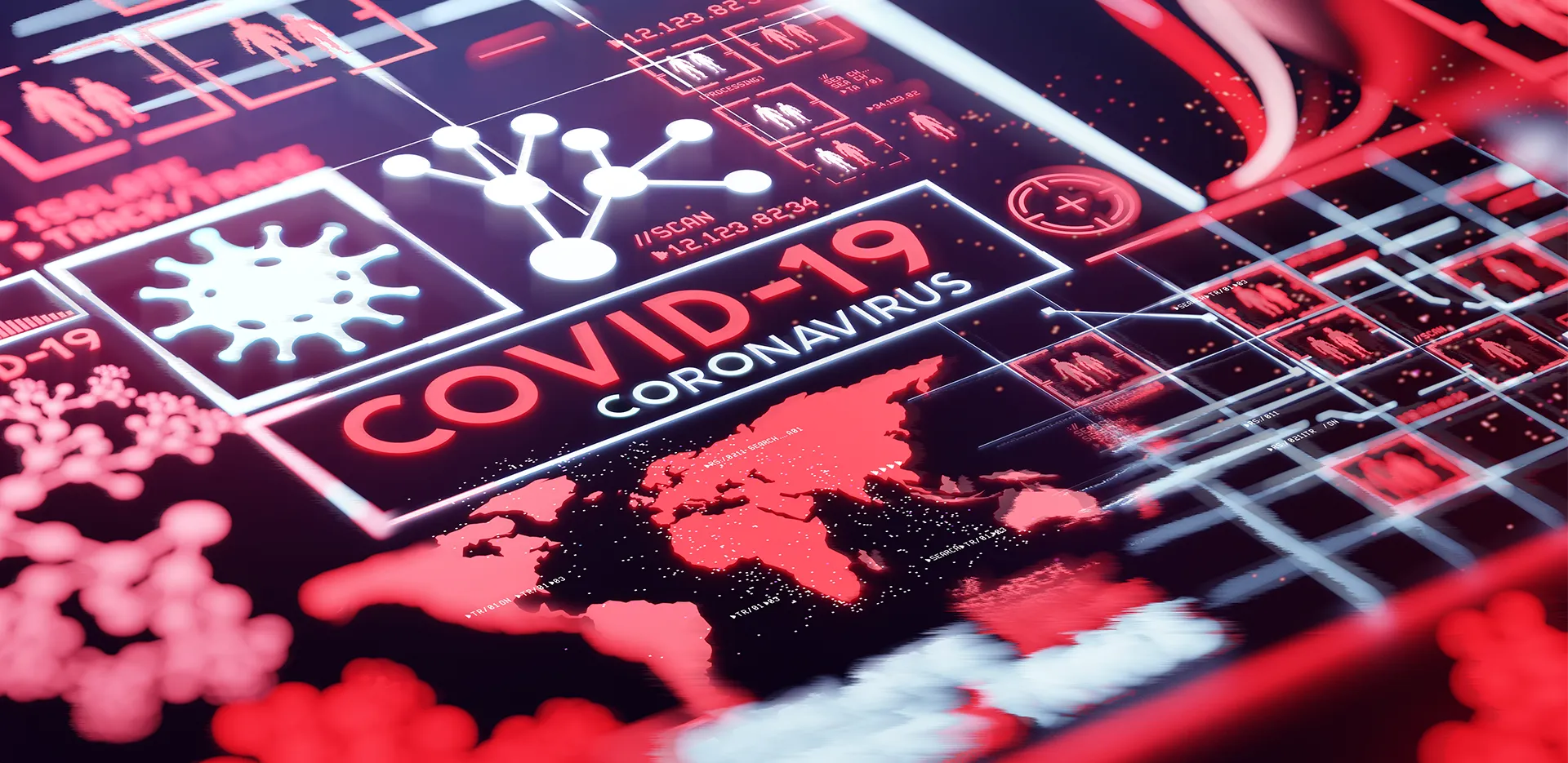 A graphic featuring a world map and virus diagrams with 'COVID-19 Coronavirus' in the center.