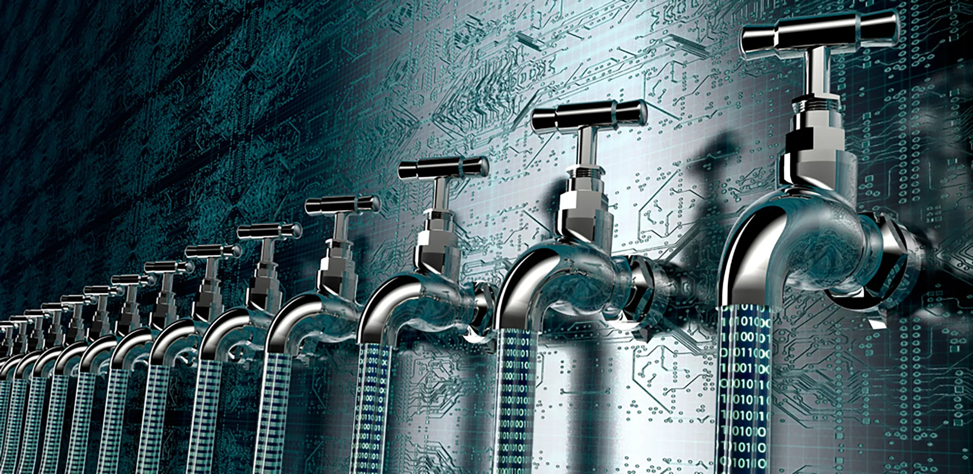 Graphic depicting data leak concept with faucets leaking data.
