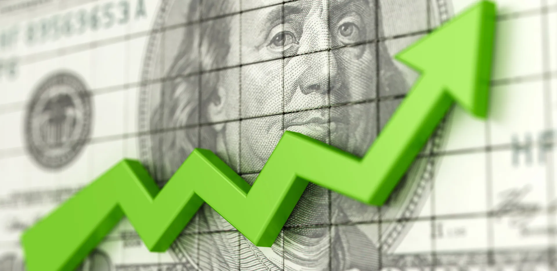 A graphic of a green arrow pointing up with a $100 bill in the background.