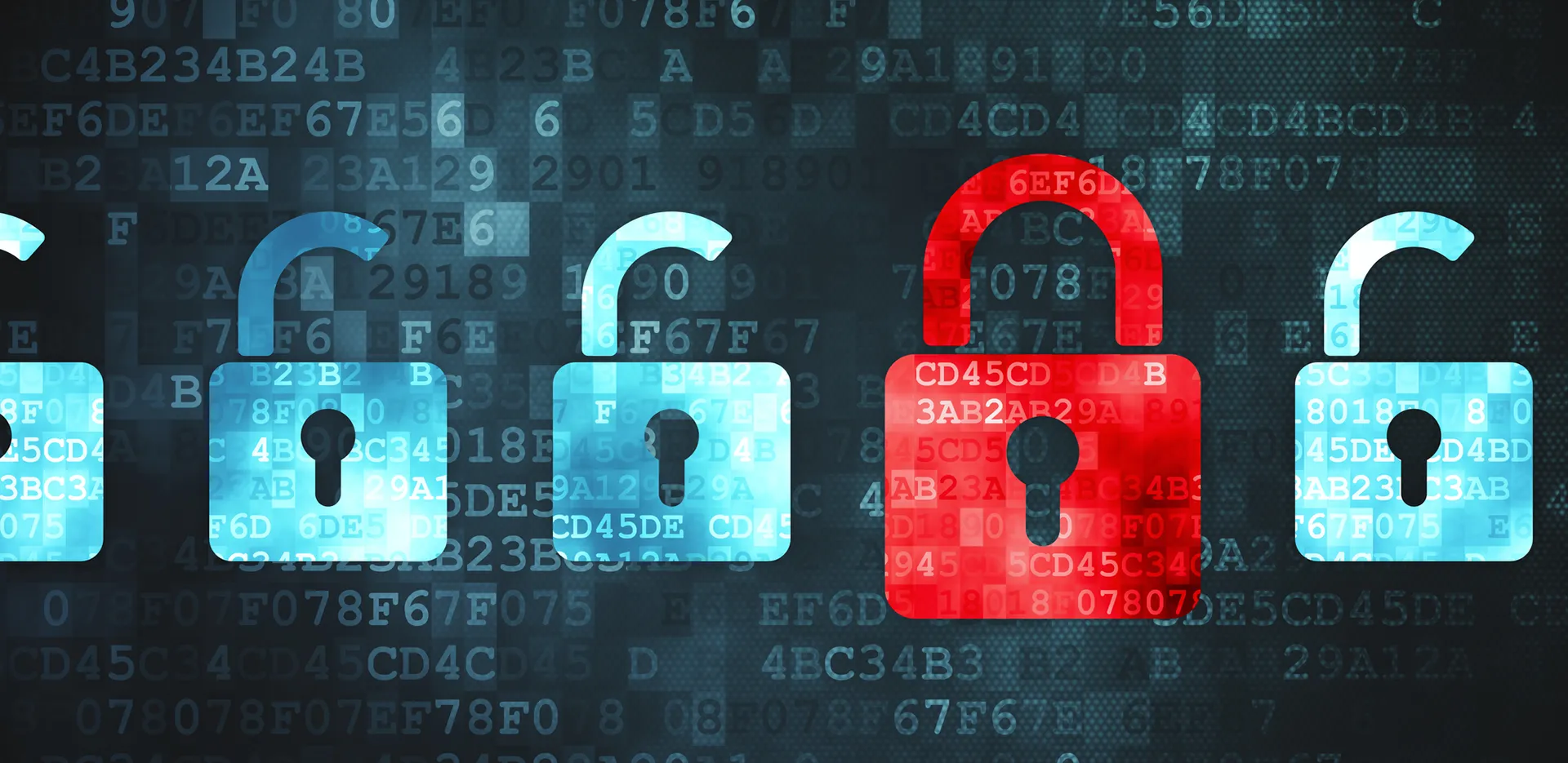 Concept of a series of unlocked blue locks and one locked red lock.