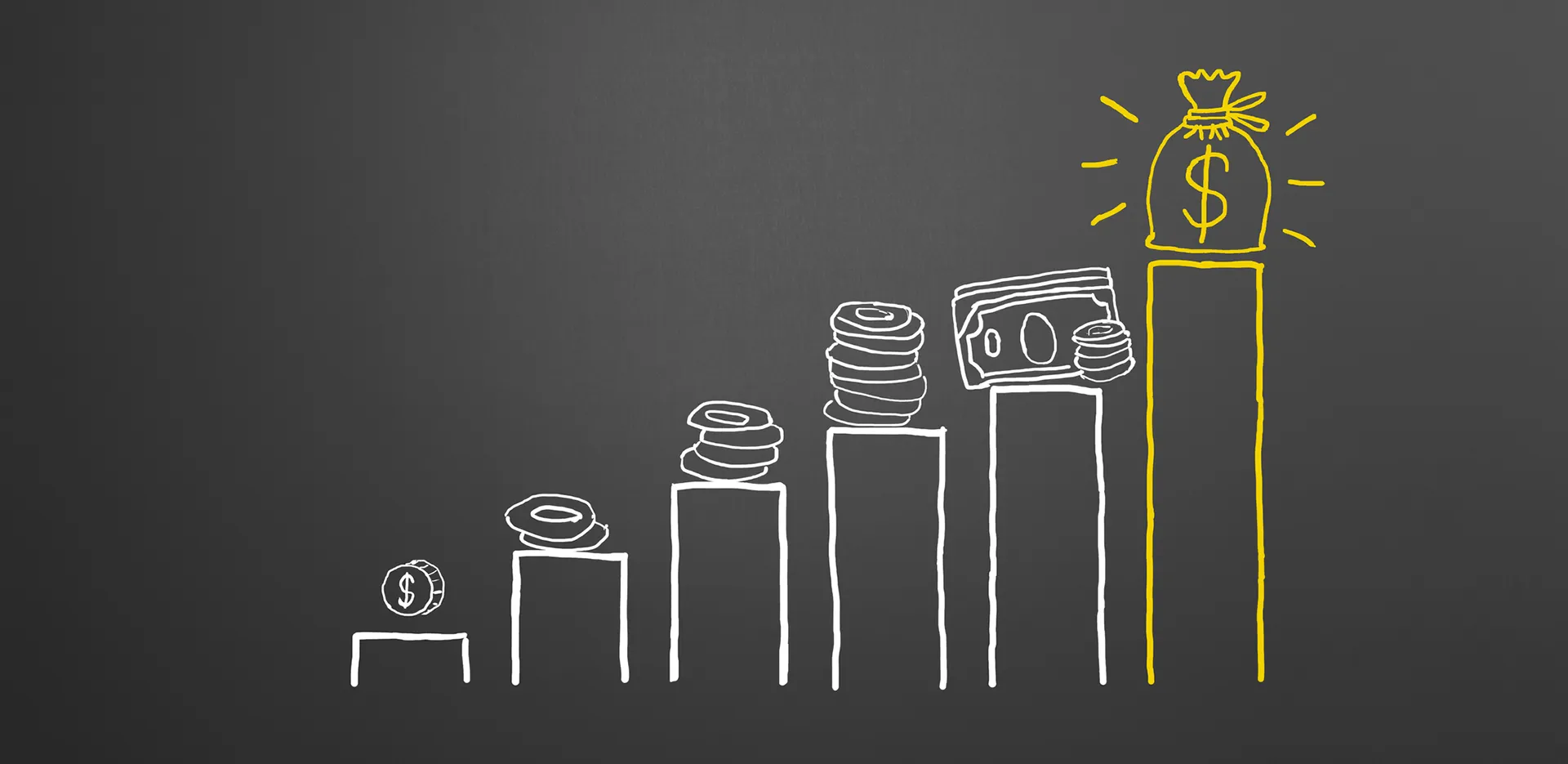 Concept of a bar chart featuring different forms of currency.