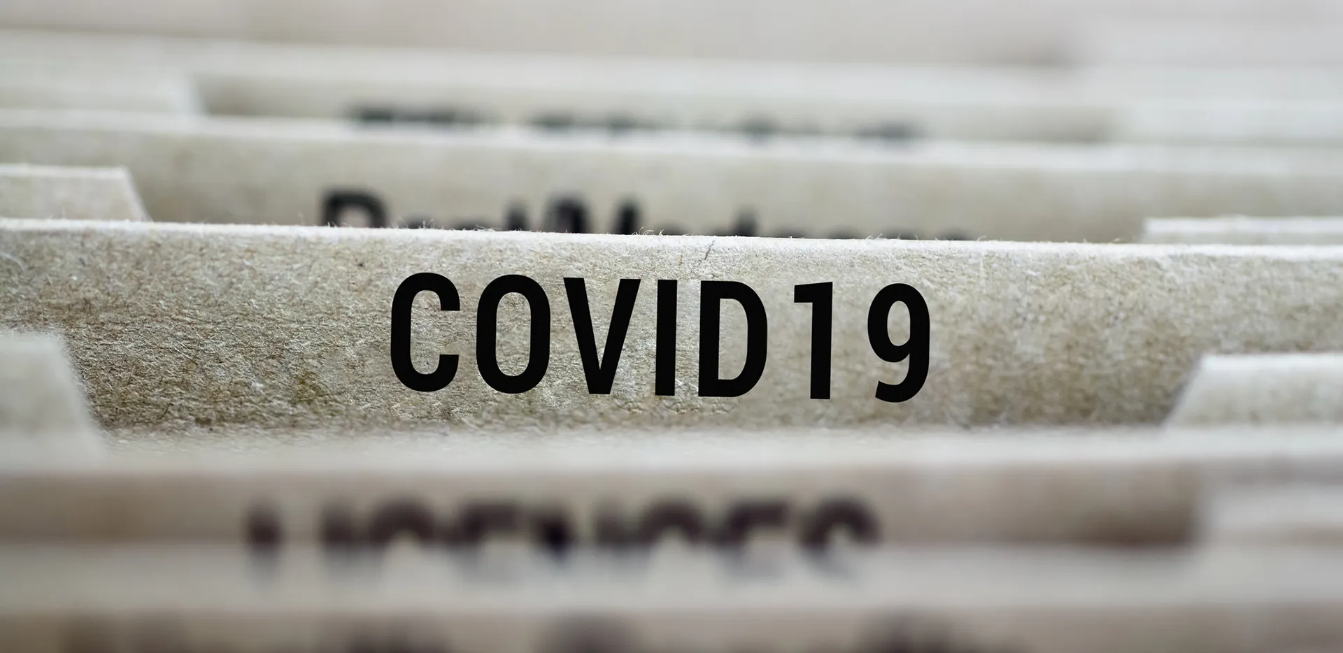 A close up of the labels on filing folders. One reads 'COVID 19.'