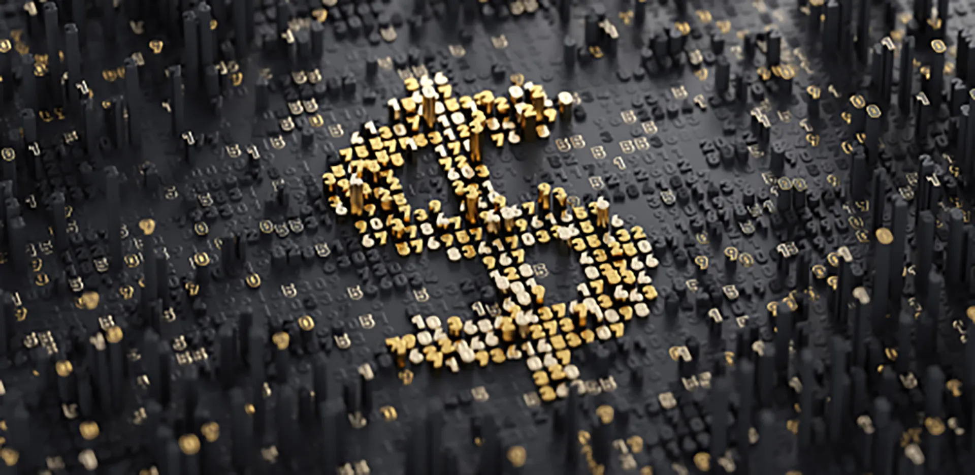 Concept of a dollar sign in gold made out of smaller numbers.