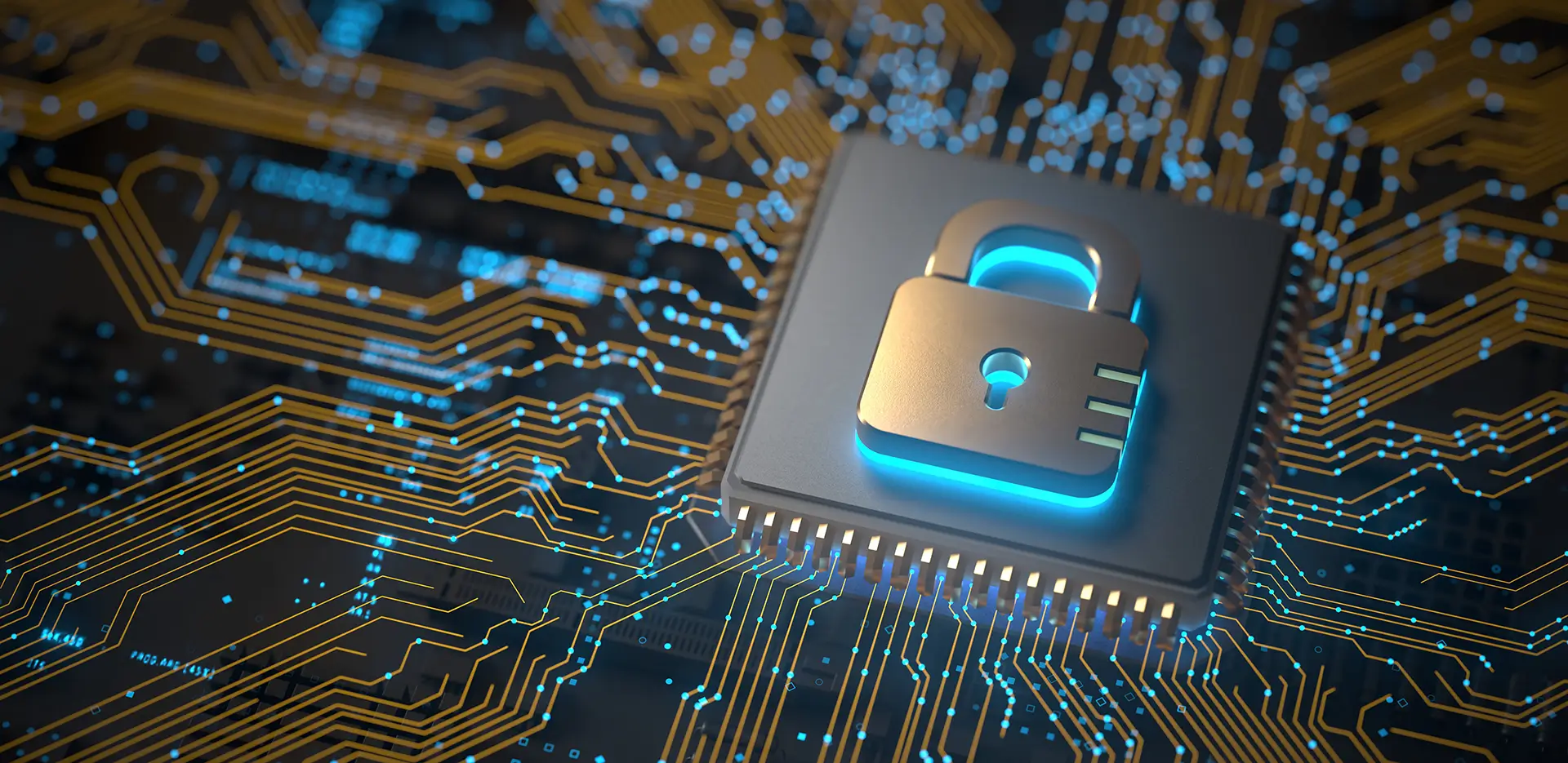 Concept art of a silver padlock on a circuit board.