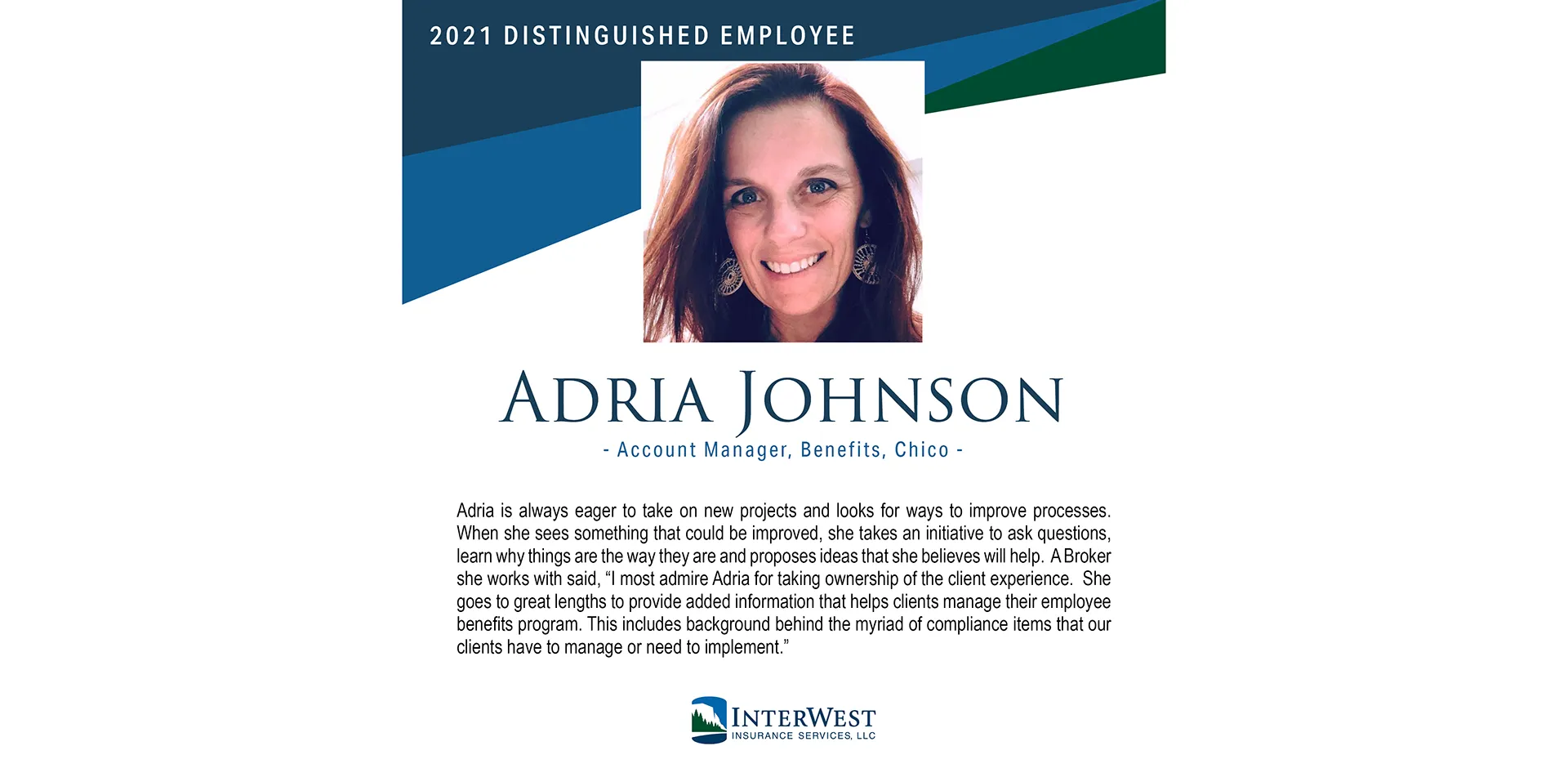 Graphic features distinguished employee award winner Adria Johnson.