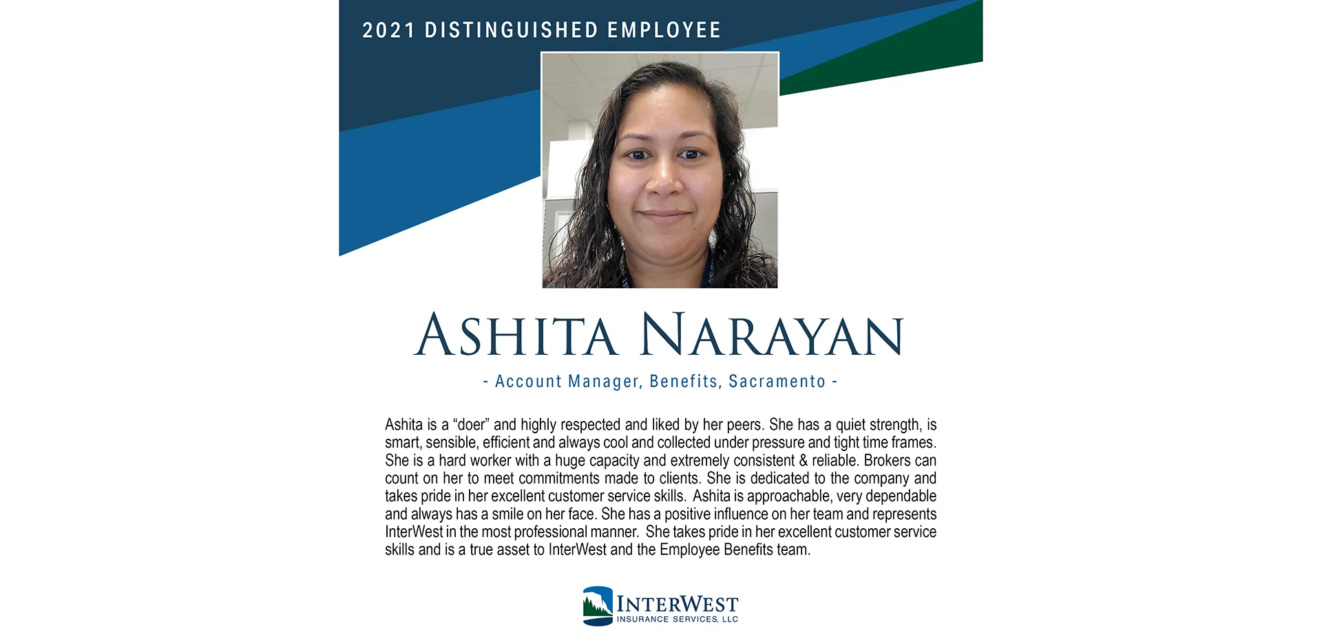 Graphic features distinguished employee award winner Ashita Narayan.