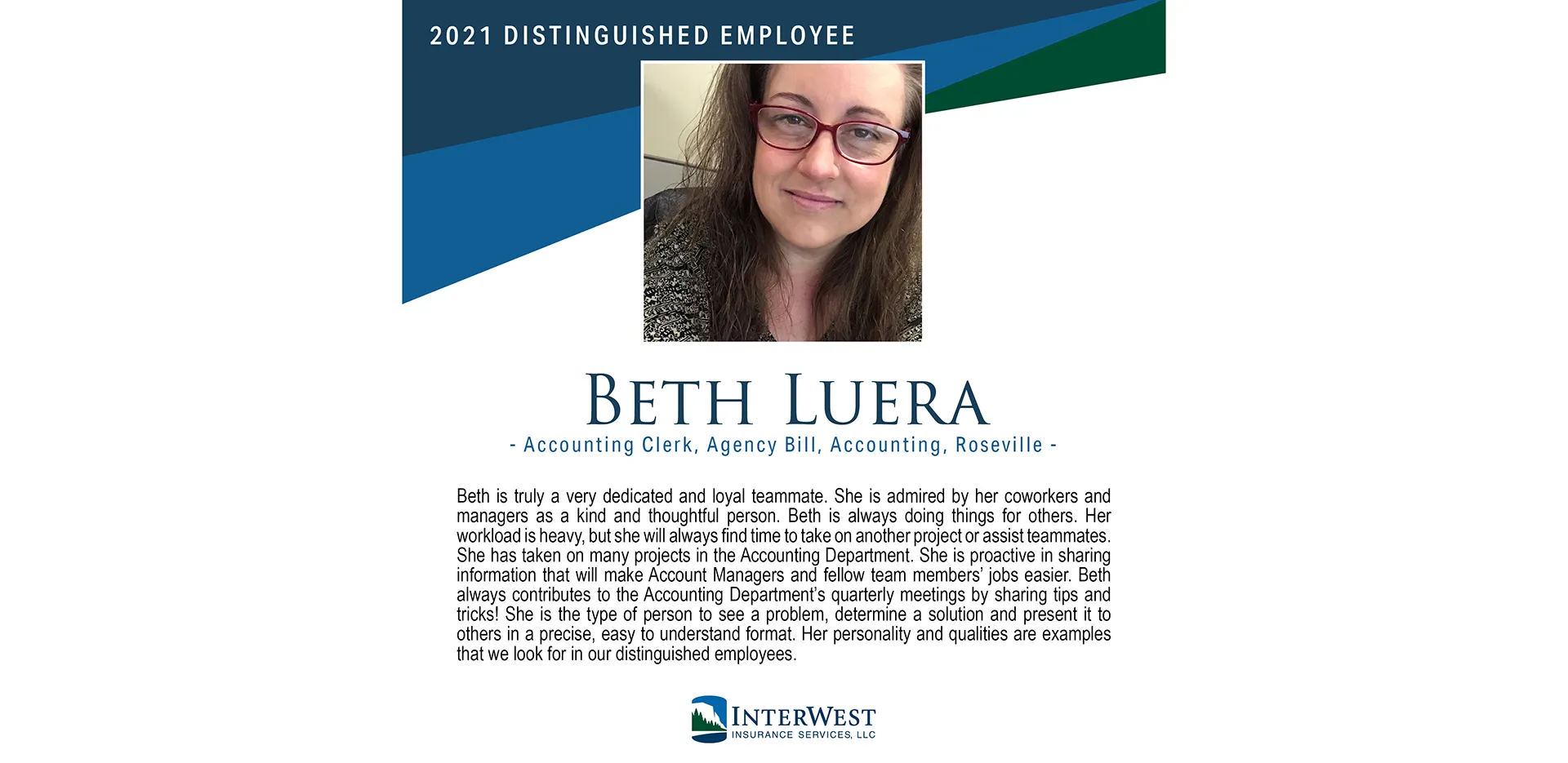 Graphic features distinguished employee award winner Beth Luera.