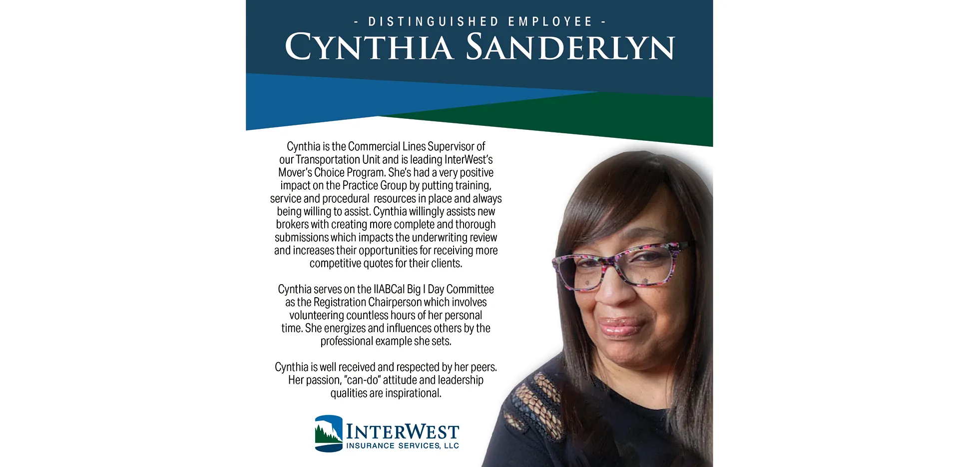 Graphic features distinguished employee award winner Cynthia Sanderlyn.