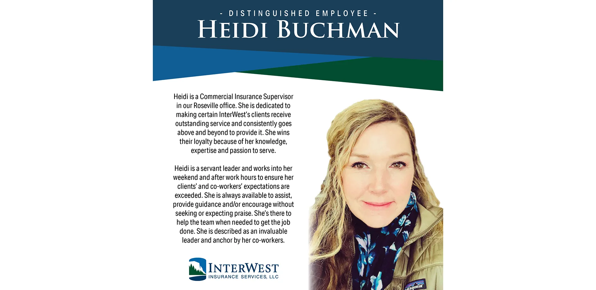 Graphic features distinguished employee award winner Heidi Buchman.