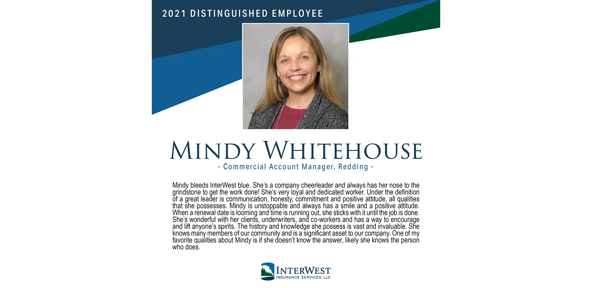 Graphic features distinguished employee award winner Mindy Whitehouse.