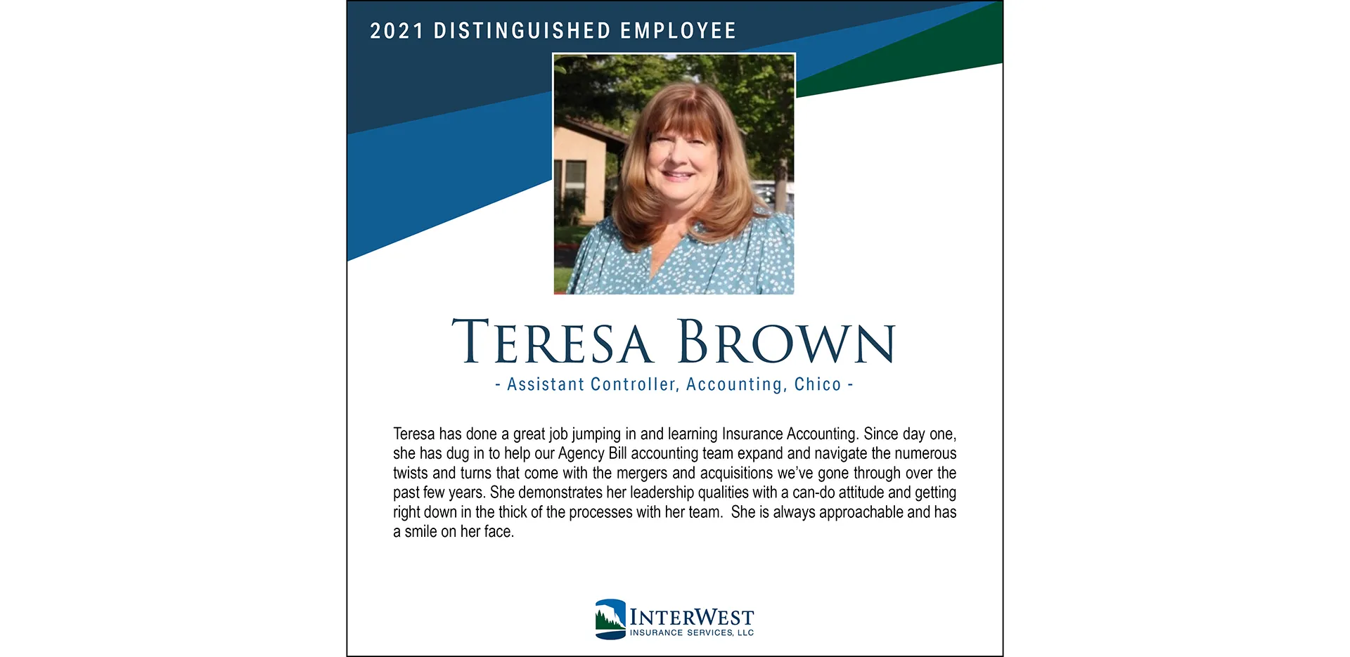 Graphic features distinguished employee award winner Teresa Brown.