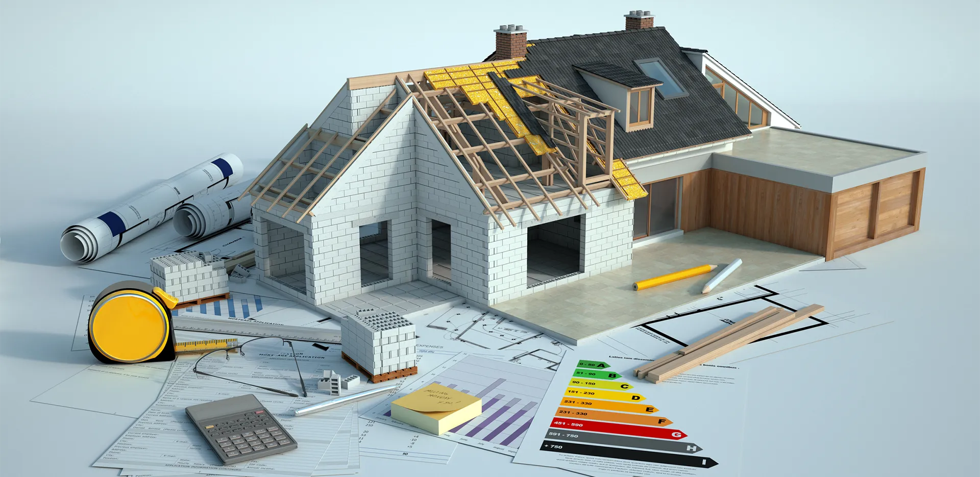A rendering of a home under construction alongside blueprints and other tools.