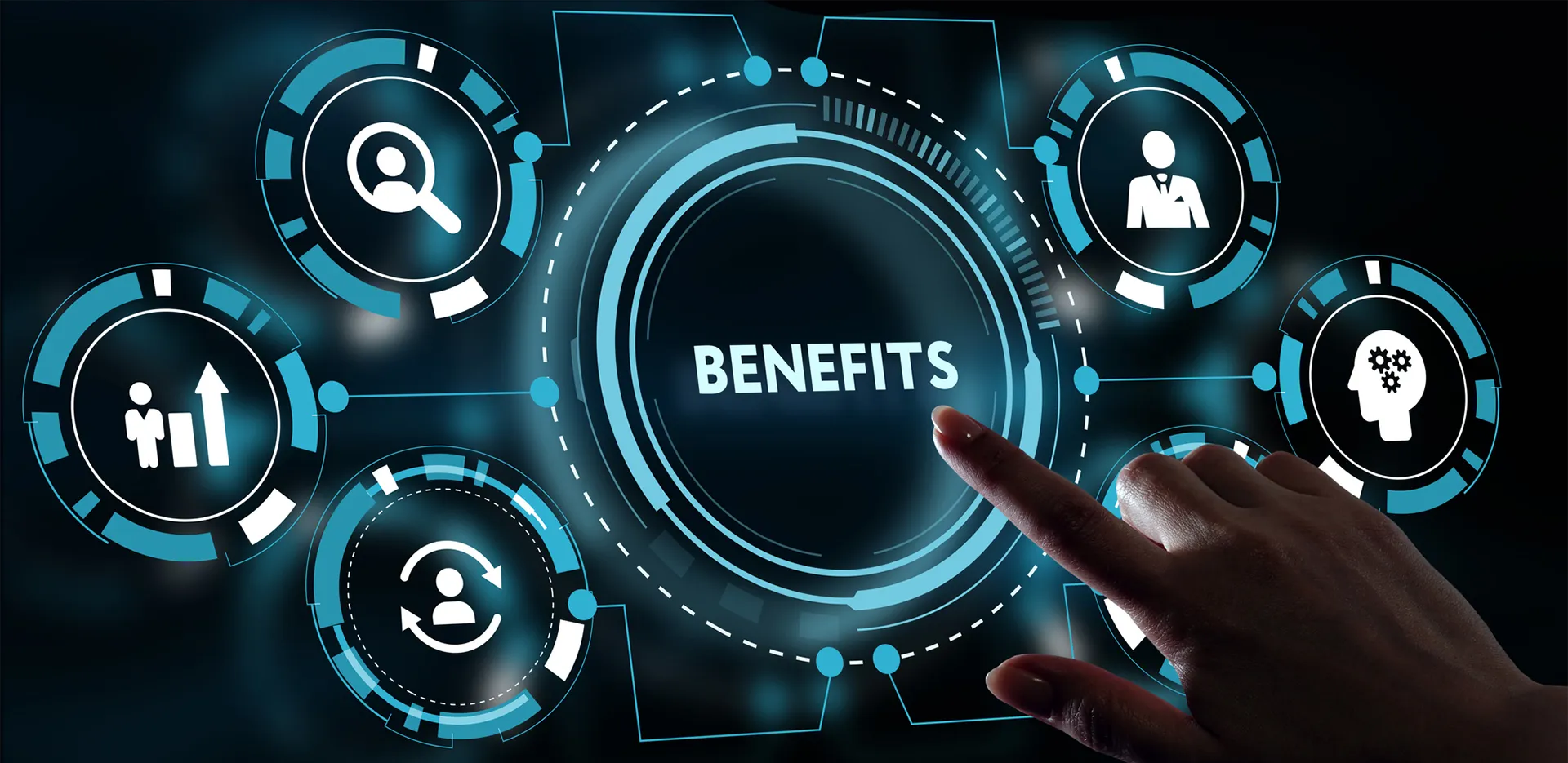 A graphic of a group of icons representing business. The center reads 'benefits.'