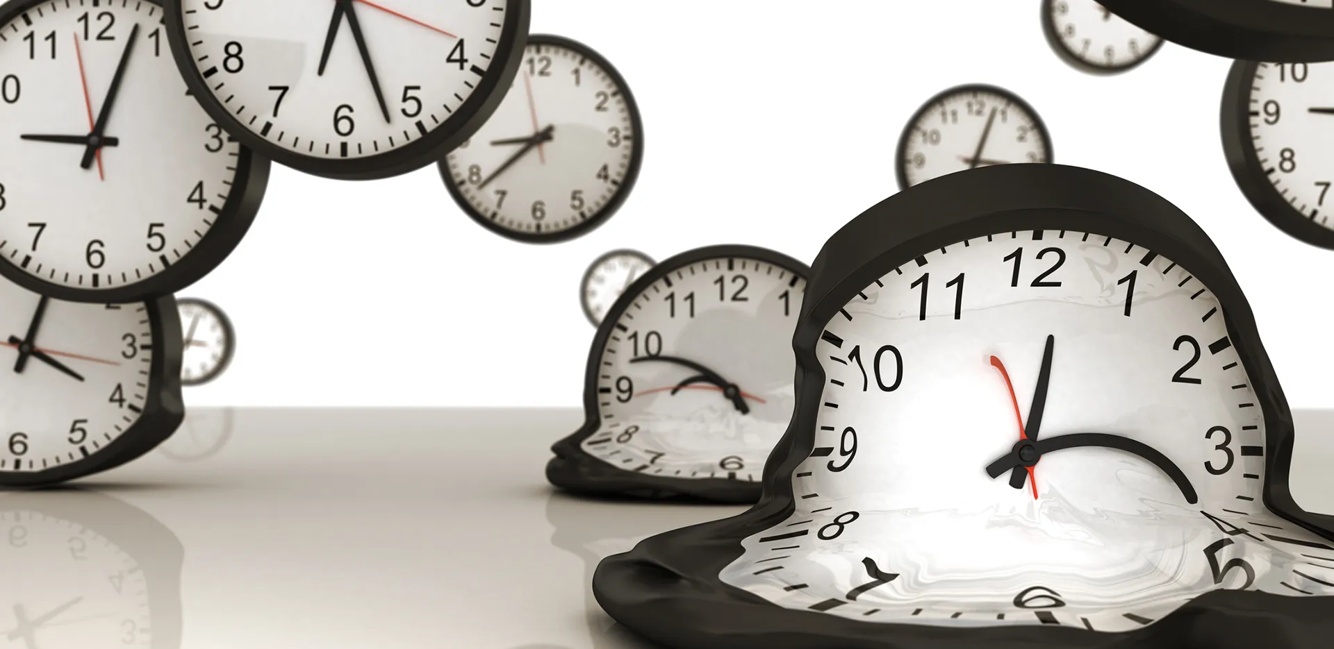 Many clocks floating in the air with some clocks melting as they touch a solid surface below.