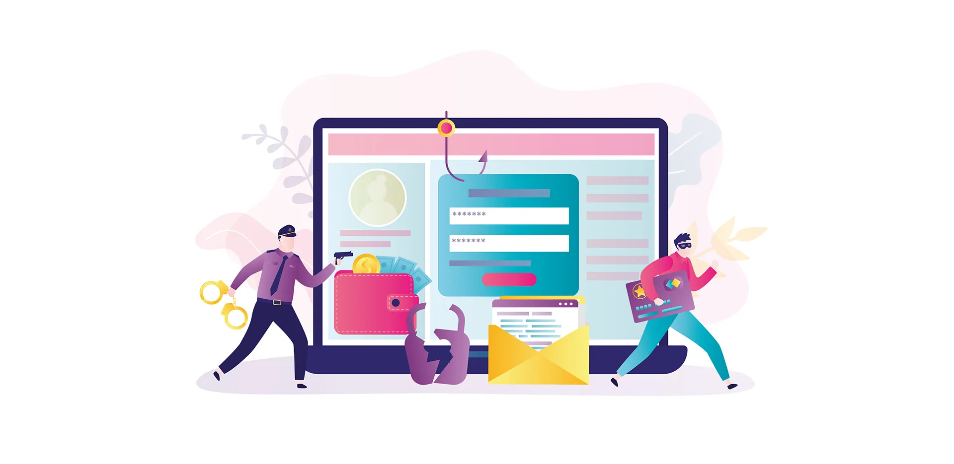 A pastel artistic rendering of a guard chasing a credit card thief in front of a computer.