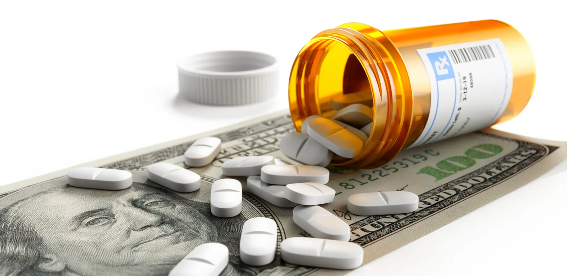 A prescription bottle on its side, spilling pills across a 100 dollar bill.