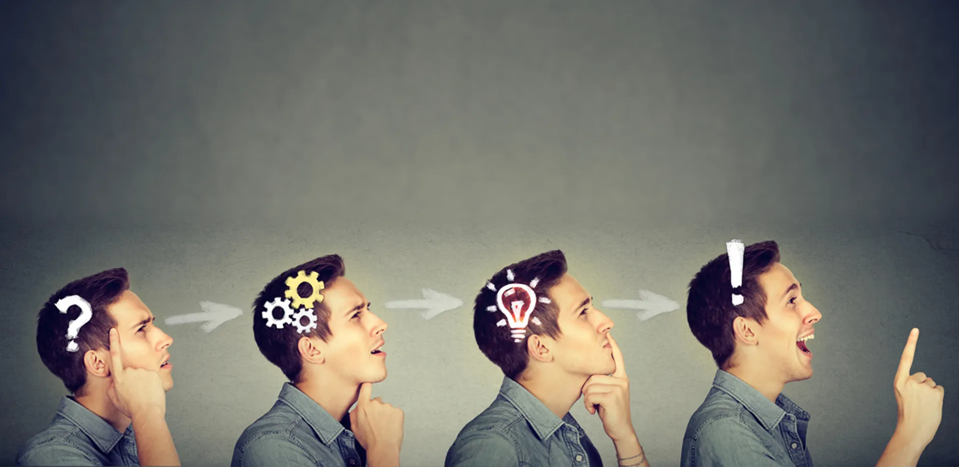 An illustration of a thought process, showing the same man 4 times with different icons on his head.