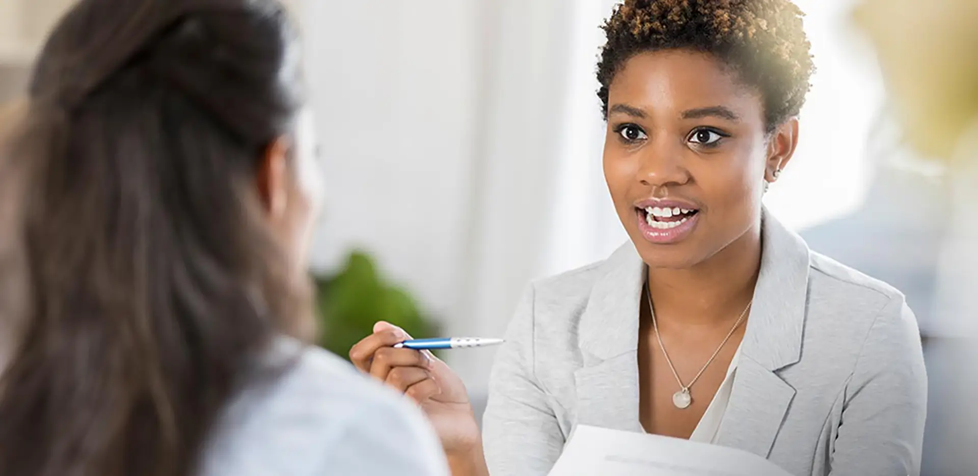 Two professionals discussing a grant.