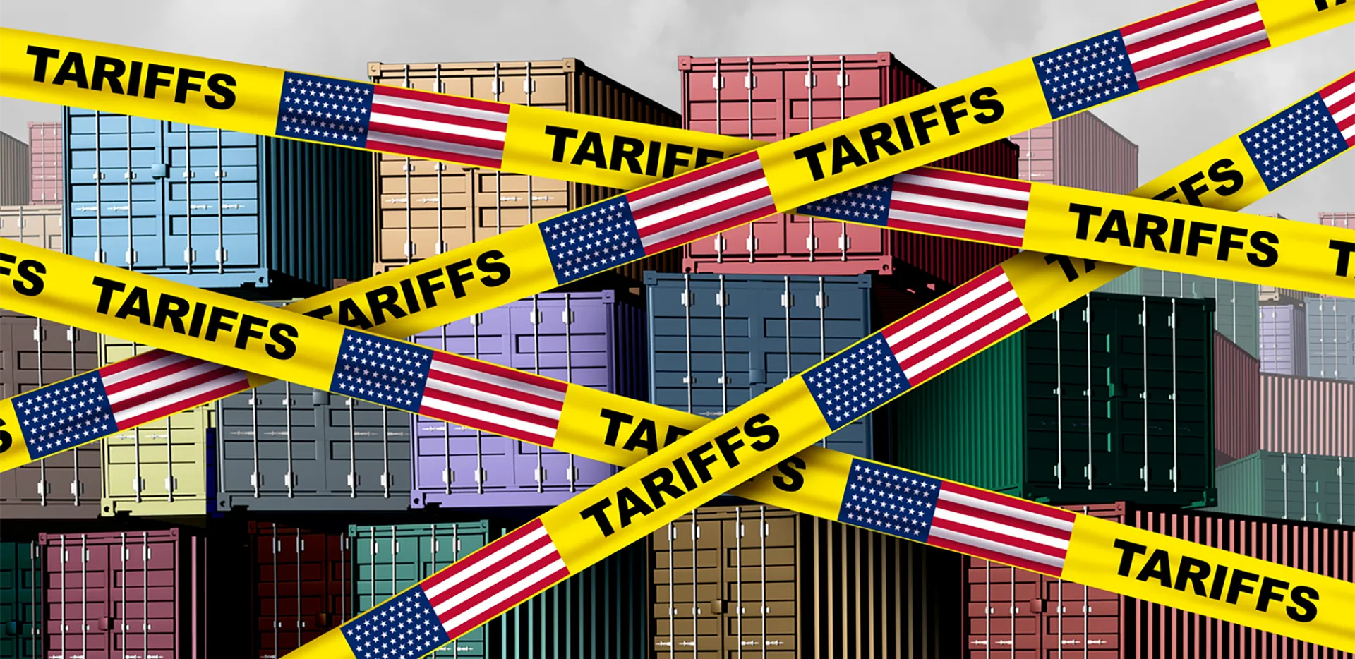 Yellow tape with the word 'tariffs' and the American flag in front of stacks of shipping containers.