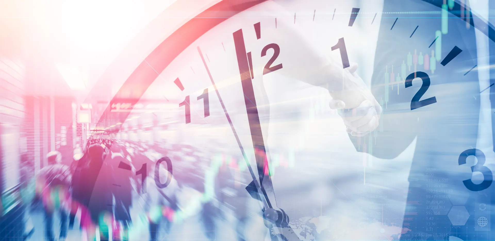 A multiple exposure effect shows a clock, a handshake, and a crowded street.