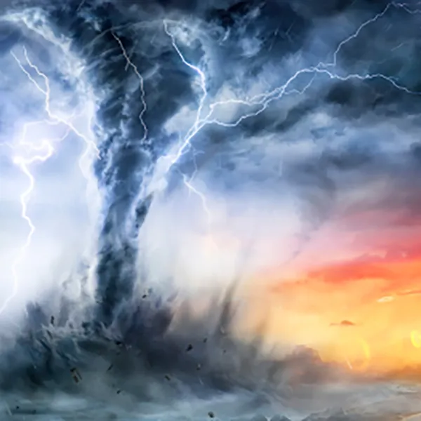 A rendering of a hurricane over the ocean next to a cityscape.