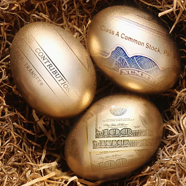 A graphic of golden eggs with the text 'Contribution,' 'Class A Common Stock,' and the corner of a 100 dollar bill.