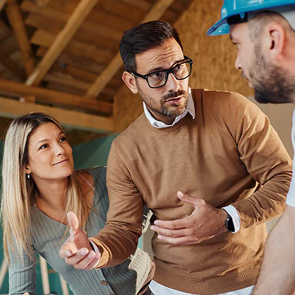 Two people speak with a contractor in a house that's under construction.