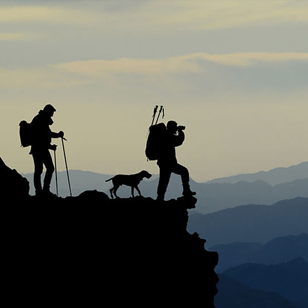 Two hikers and a dog in silhouette standing at the top of a cliff.