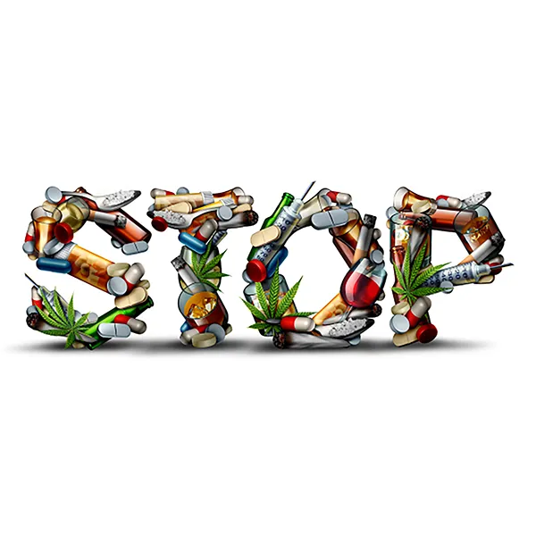 The word stop with the letters made out of substances like pills and drugs.