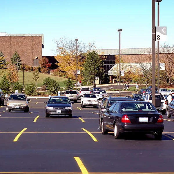 A parking lot full of cars.