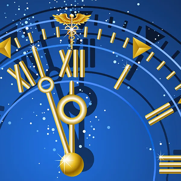 A graphic of a gold clock striking midnight against a blue background.