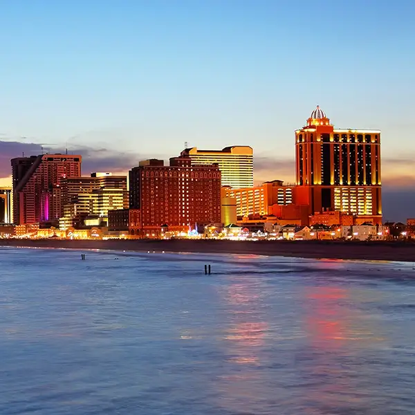 The Atlantic City skyline at sunset.