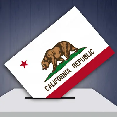 An illustration of a ballot being put into a box, but the ballot is the California state flag.