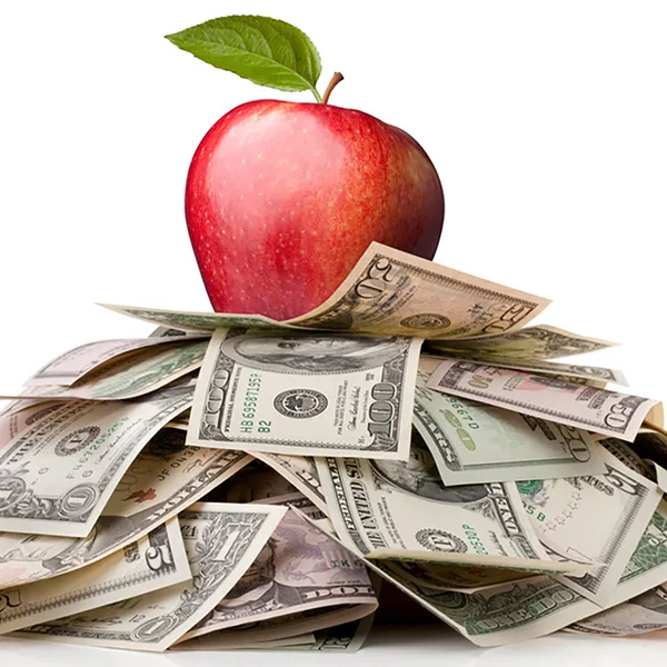 An apple on top of a pile of money.