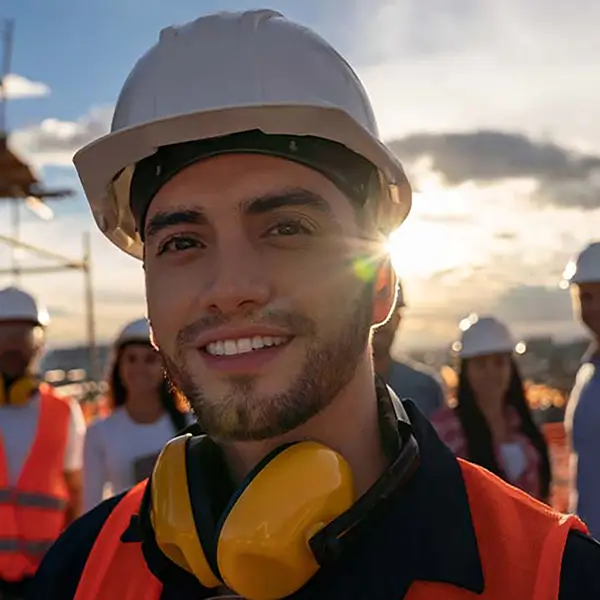 Close-up of a construction worker, with other team members in the background.