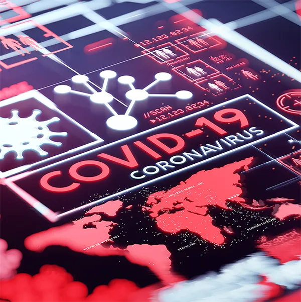 A graphic featuring a world map and virus diagrams with 'COVID-19 Coronavirus' in the center.