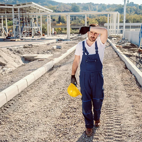 A construction worker on a job site wiping sweat off of their forehead.