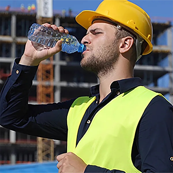 A construction worker drinking from a water bottle.