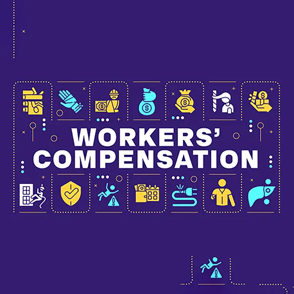 A graphic reading 'Workers Compensation' on a purple background.