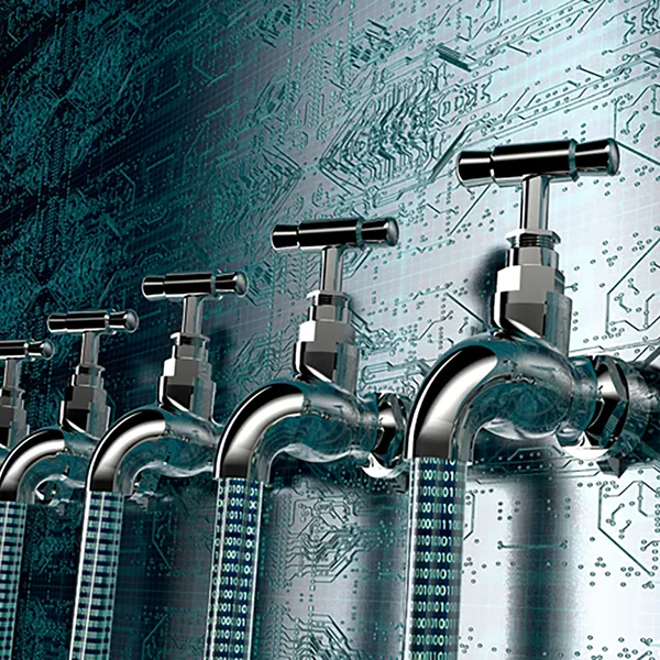 Graphic depicting data leak concept with faucets leaking data.